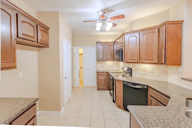 kitchen with ceiling fan, range with electric stovetop, tasteful backsplash, dishwasher, and light stone counters