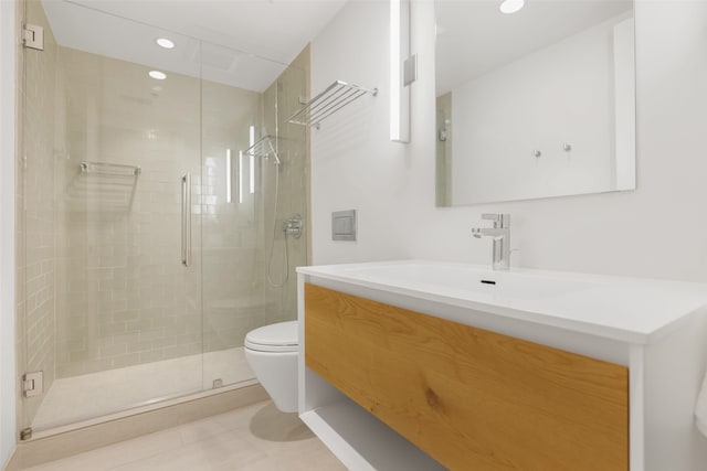 3831 Turtle Creek Blvd Unit 7E, Dallas, TX 75219 - full bathroom with vanity, toilet, recessed lighting, tile patterned floors, and a shower stall