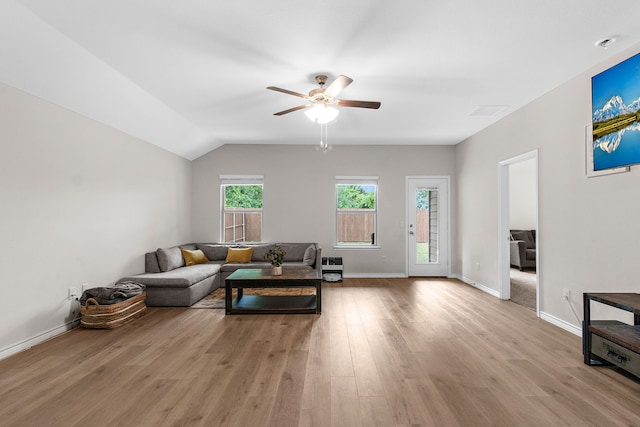 4016 Glastonbury Rd, Mckinney, TX 75071 - living room featuring baseboards, ceiling fan, wood finished floors, and lofted ceiling