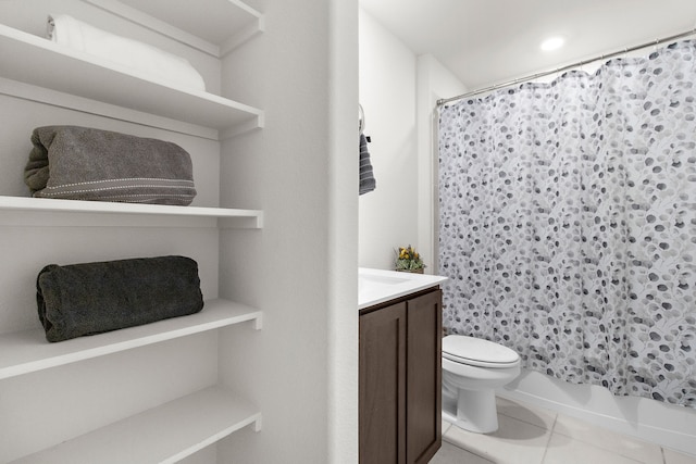 4016 Glastonbury Rd, Mckinney, TX 75071 - full bath featuring vanity, shower / bathtub combination with curtain, tile patterned flooring, and toilet