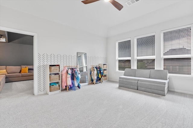 game room with visible vents, a ceiling fan, carpet, and baseboards