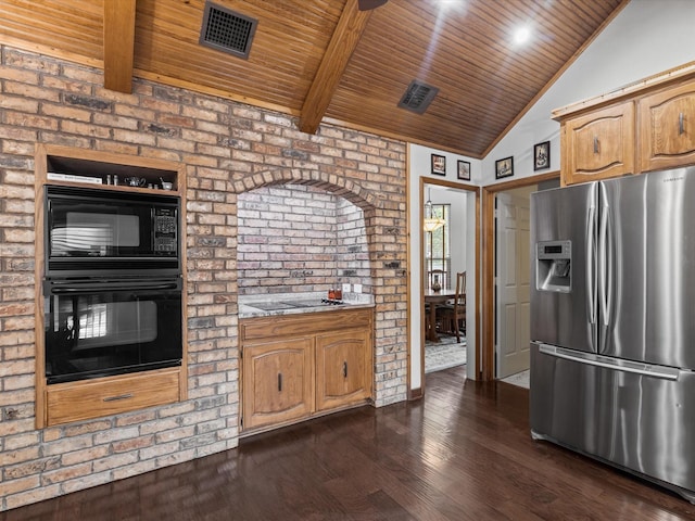kitchen with light stone countertops, wooden ceiling, lofted ceiling with beams, dark wood finished floors, and black appliances