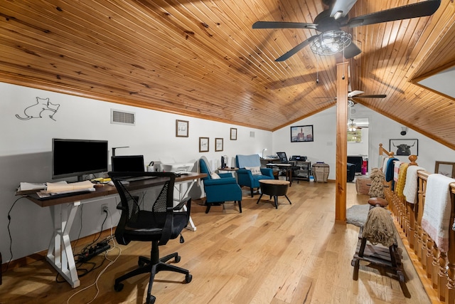 office featuring wood ceiling, a ceiling fan, visible vents, vaulted ceiling, and light wood-type flooring