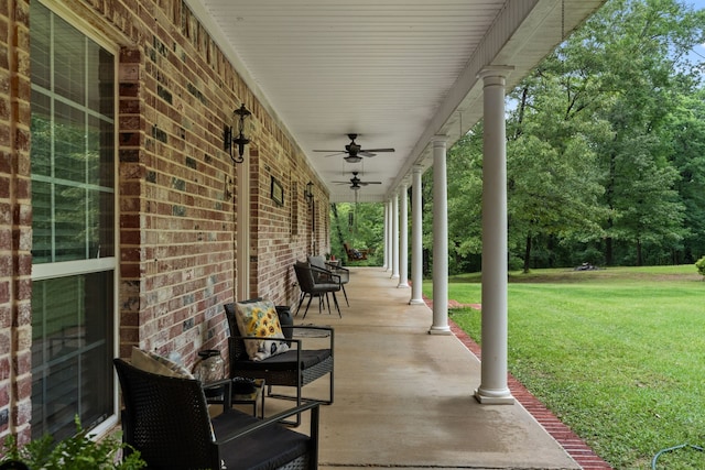 view of patio / terrace featuring a porch and a ceiling fan