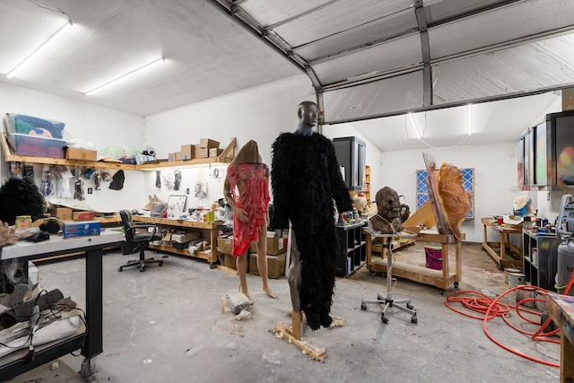garage with a workshop area