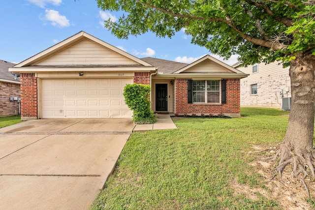ranch-style house with an attached garage, central AC, a front lawn, brick siding, and driveway