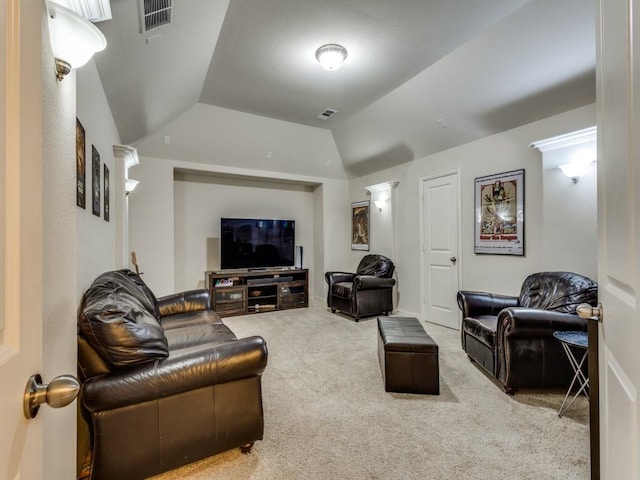 5517 Grove Cove Dr, Mckinney, TX 75071 - carpeted living area featuring visible vents and lofted ceiling