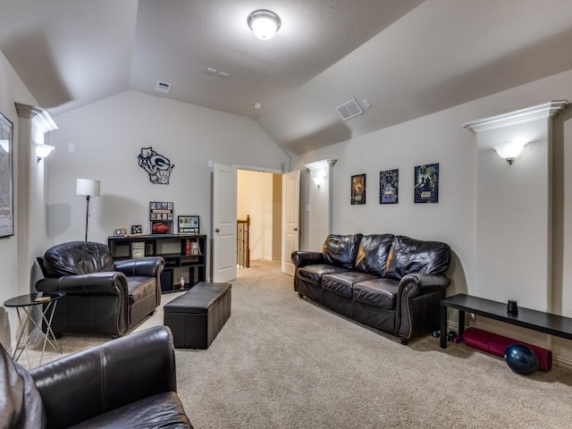 5517 Grove Cove Dr, Mckinney, TX 75071 - carpeted living room featuring visible vents and lofted ceiling