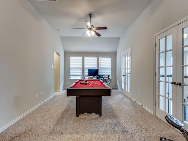 5517 Grove Cove Dr, Mckinney, TX 75071 - rec room with ceiling fan, pool table, vaulted ceiling, and light carpet