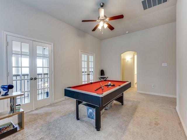 5517 Grove Cove Dr, Mckinney, TX 75071 - playroom featuring arched walkways, french doors, carpet, a ceiling fan, and visible vents