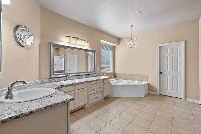 1185 Shores Blvd, Rockwall, TX 75087 - full bath with a garden tub, visible vents, a shower, vanity, and tile patterned floors