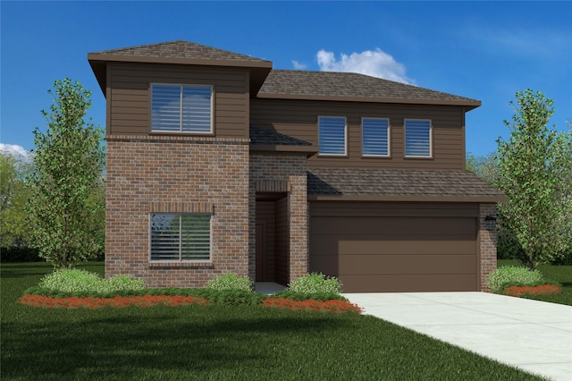 traditional-style home with roof with shingles, brick siding, a front lawn, concrete driveway, and an attached garage