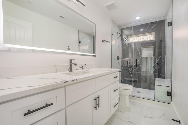 full bath featuring visible vents, marble finish floor, a marble finish shower, and toilet