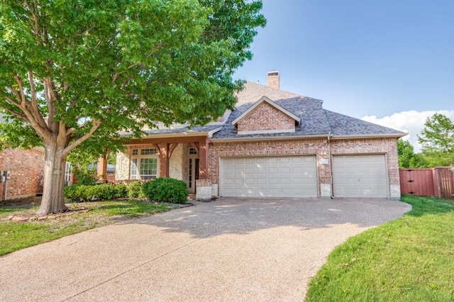3301 Ski Lift Ct, Mckinney, TX 75070 - view of property hidden behind natural elements with a chimney, driveway, brick siding, fence, and a garage