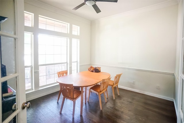 3301 Ski Lift Ct, Mckinney, TX 75070 - dining room featuring dark wood-type flooring, a ceiling fan, crown molding, and baseboards