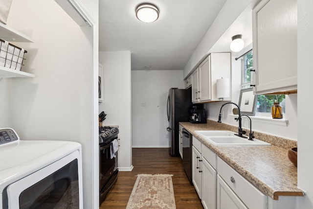 3049 Rotan Ln, Dallas, TX 75229 - kitchen featuring dark wood-style flooring, dishwasher, a sink, black gas range oven, and washer / dryer