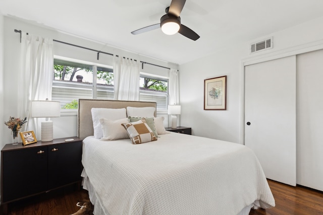 3049 Rotan Ln, Dallas, TX 75229 - bedroom featuring ceiling fan, visible vents, dark wood-style floors, and a closet