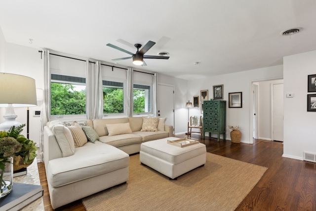 3049 Rotan Ln, Dallas, TX 75229 - living room with visible vents, dark wood finished floors, ceiling fan, and baseboards