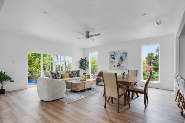1922 Annex Ave, Dallas, TX 75204 - dining room with visible vents, a ceiling fan, baseboards, and wood finished floors