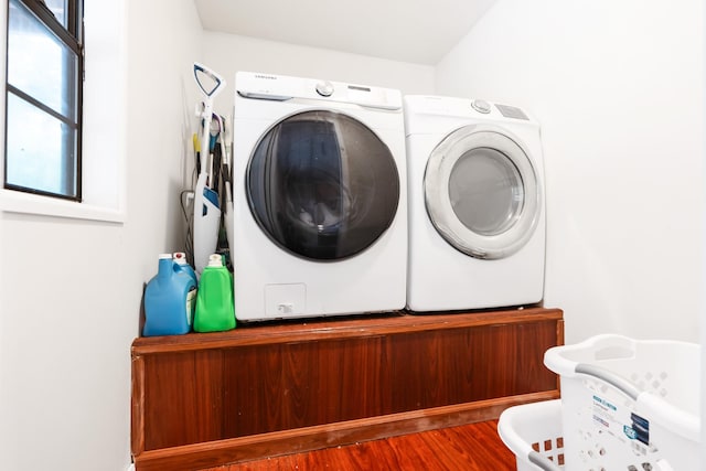 laundry area featuring laundry area, wood finished floors, and separate washer and dryer