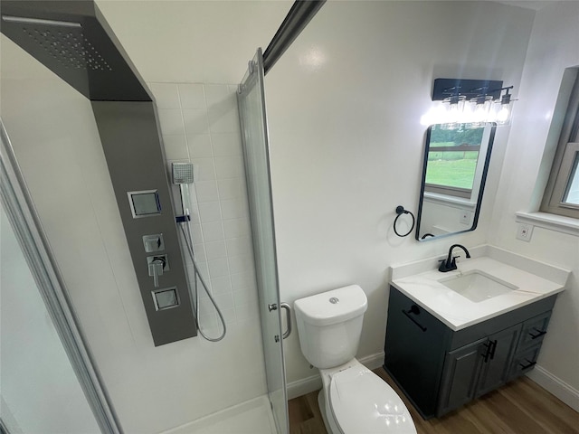 full bathroom featuring a shower stall, wood finished floors, vanity, and toilet