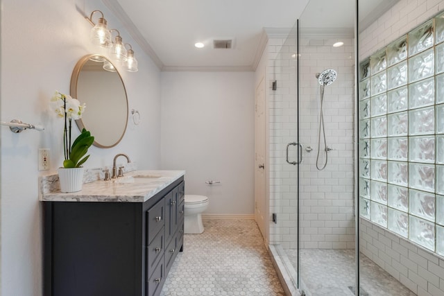 full bath with crown molding, vanity, visible vents, toilet, and a shower stall