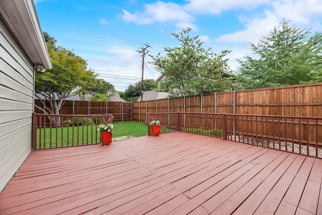 wooden deck featuring a lawn and a fenced backyard