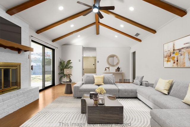 3617 Walton Ave, Fort Worth, TX 76133 - living area featuring lofted ceiling with beams, a ceiling fan, recessed lighting, wood finished floors, and visible vents
