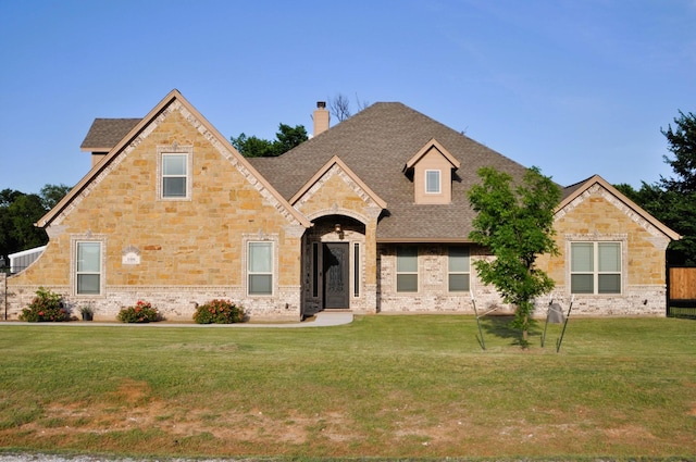 view of front facade featuring stone siding, fence, a chimney, a front yard, and roof with shingles