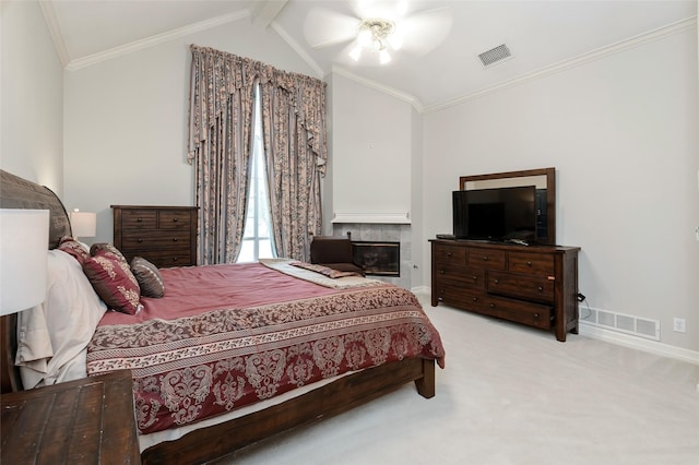 bedroom featuring visible vents, lofted ceiling with beams, carpet, and baseboards