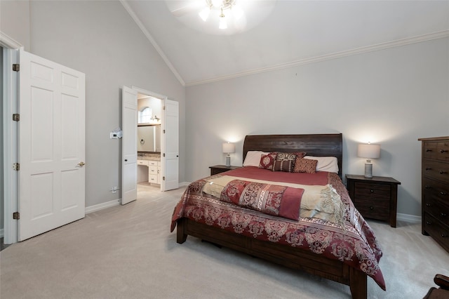 bedroom with baseboards, ornamental molding, ensuite bathroom, and light carpet