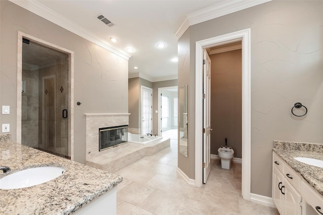 full bathroom featuring a stall shower, ornamental molding, visible vents, a sink, and two vanities