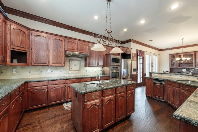 kitchen featuring under cabinet range hood, a kitchen island with sink, appliances with stainless steel finishes, and a sink