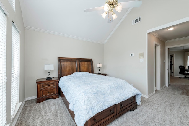 bedroom featuring lofted ceiling, baseboards, ornamental molding, visible vents, and light colored carpet