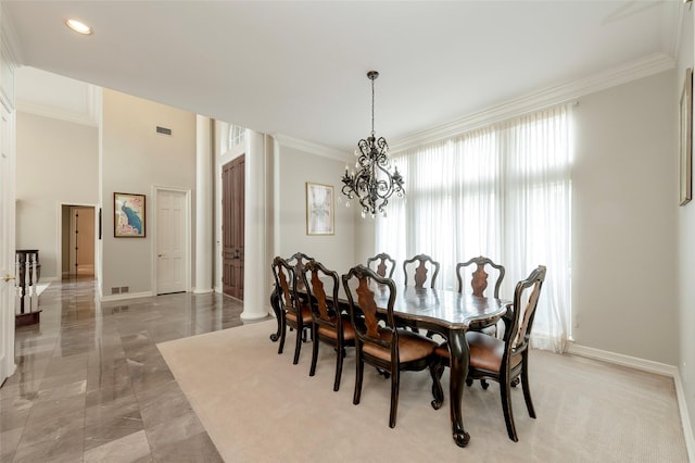 dining space with ornamental molding, baseboards, visible vents, recessed lighting, and a notable chandelier
