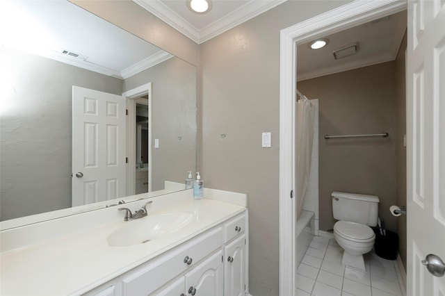 full bath featuring toilet, visible vents, tile patterned flooring, vanity, and ornamental molding