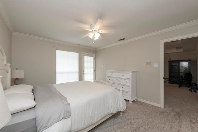 bedroom with visible vents, baseboards, ceiling fan, light carpet, and ornamental molding