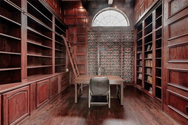wine room featuring dark wood finished floors and built in features