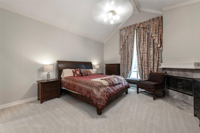bedroom with crown molding, lofted ceiling with beams, baseboards, and light carpet