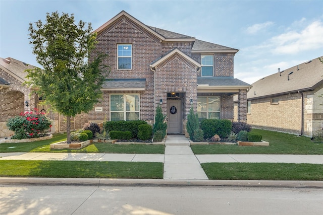 2224 Miramar Dr, Little Elm, TX 75068 - traditional home featuring brick siding, a shingled roof, and a front yard