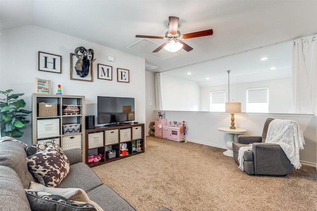 2224 Miramar Dr, Little Elm, TX 75068 - carpeted living room with baseboards, ceiling fan, attic access, and recessed lighting