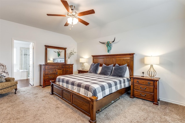 2224 Miramar Dr, Little Elm, TX 75068 - bedroom with light colored carpet, ensuite bath, a ceiling fan, baseboards, and lofted ceiling