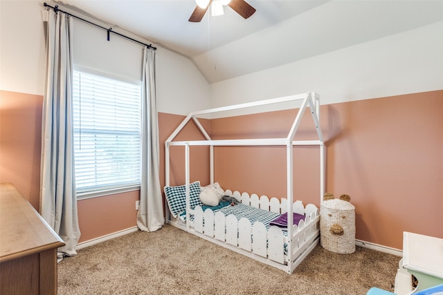 2224 Miramar Dr, Little Elm, TX 75068 - carpeted bedroom with baseboards, a ceiling fan, and vaulted ceiling