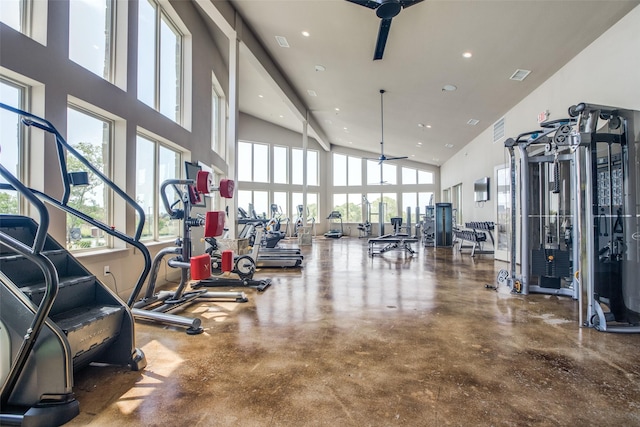 2224 Miramar Dr, Little Elm, TX 75068 - gym with a ceiling fan, a high ceiling, visible vents, and recessed lighting