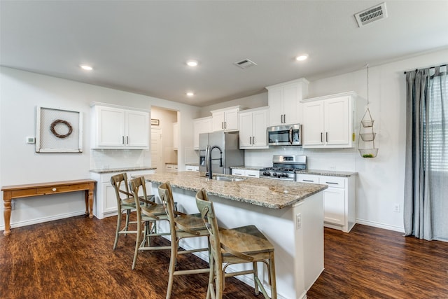 2224 Miramar Dr, Little Elm, TX 75068 - kitchen with decorative backsplash, visible vents, dark wood finished floors, a sink, and stainless steel appliances
