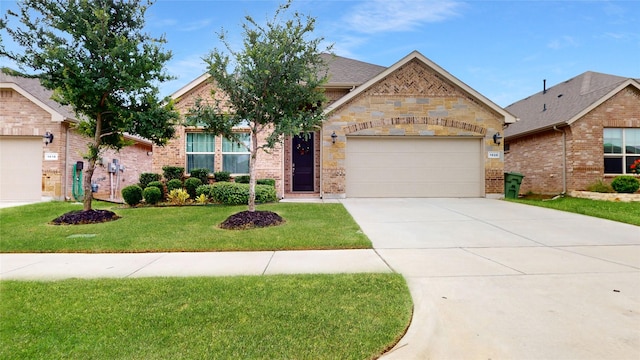 view of front facade with concrete driveway, brick siding, an attached garage, and a front lawn