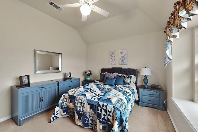 bedroom featuring ceiling fan, light colored carpet, visible vents, baseboards, and vaulted ceiling