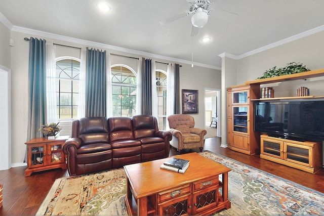 living room featuring recessed lighting, ornamental molding, dark wood-style flooring, and ceiling fan