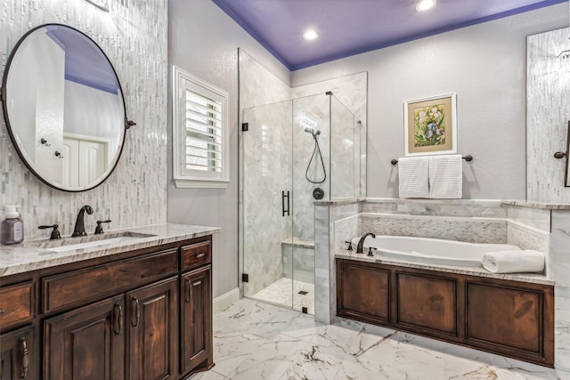 245 Prairie Oak Ct, Burleson, TX 76028 - full bath featuring a garden tub, vanity, a stall shower, marble finish flooring, and recessed lighting