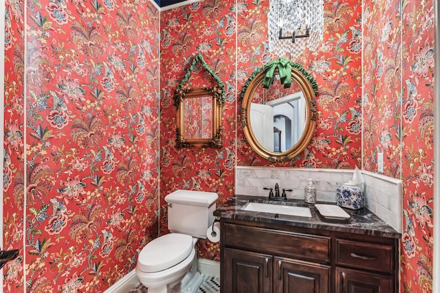 245 Prairie Oak Ct, Burleson, TX 76028 - bathroom featuring wallpapered walls, vanity, and toilet
